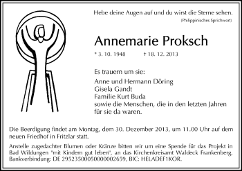 Traueranzeige von Annemarie Proksch von HNA