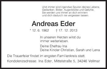 Traueranzeige von Andreas Eder von HNA