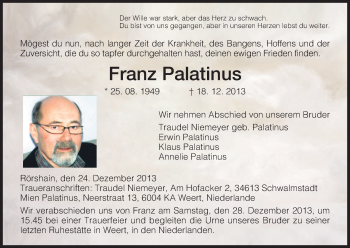 Traueranzeige von Franz Palatinus von HNA