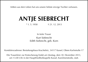 Traueranzeige von Antje Siebrecht von HNA