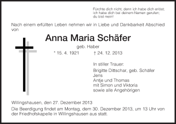 Traueranzeige von Anna Maria Schäfer von HNA