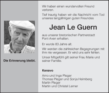 Traueranzeige von Jean Le Guern von HNA