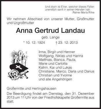 Traueranzeige von Anna Gertrud Landau von HNA