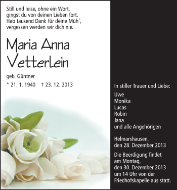 Traueranzeige von Maria Anna Vetterlein von HNA