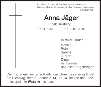 Traueranzeige von Anna Jäger von HNA