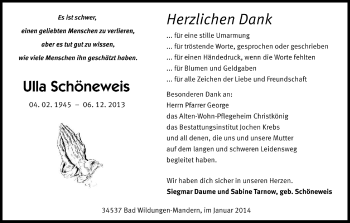 Traueranzeige von Ulla Schöneweis von HNA