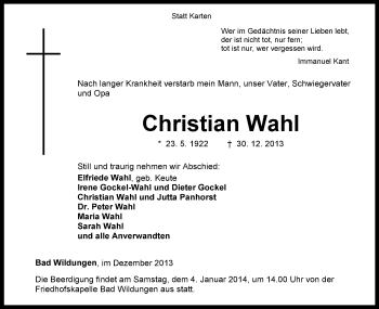 Traueranzeige von Christian Wahl von HNA