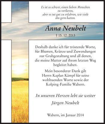 Traueranzeige von Anna Neubelt von HNA