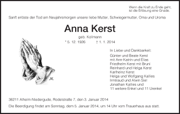Traueranzeige von Anna Kerst von HNA