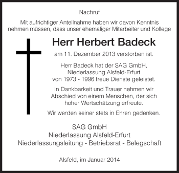 Traueranzeige von Herbert Badeck von HNA