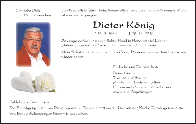  Traueranzeige für Dieter König vom 04.01.2014 aus HNA