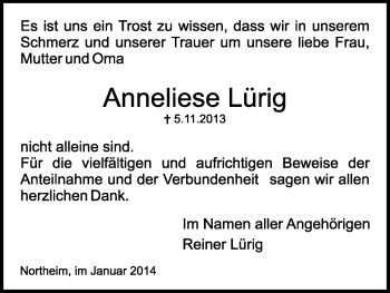 Traueranzeige von Anneliese Lürig von HNA