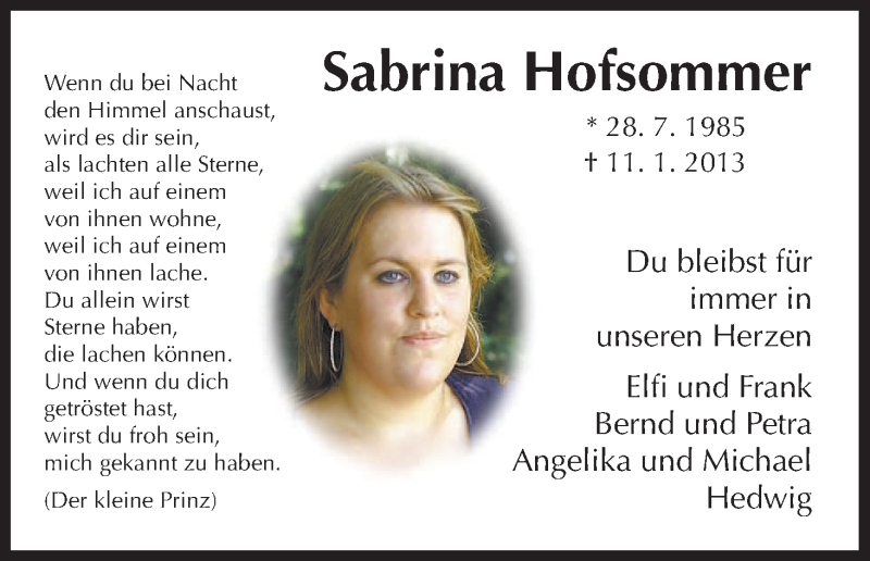  Traueranzeige für Sabrina Hofsommer vom 11.01.2014 aus HNA
