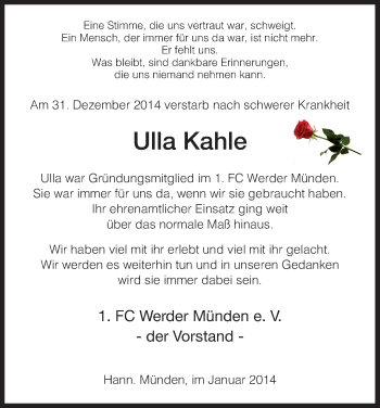 Traueranzeige von Ulla Kahle von HNA