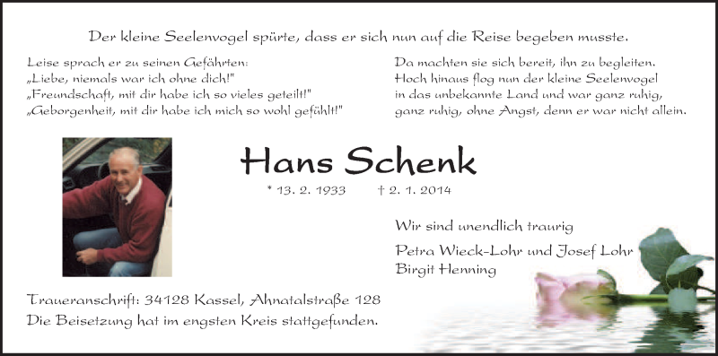  Traueranzeige für Hans Schenk vom 11.01.2014 aus HNA