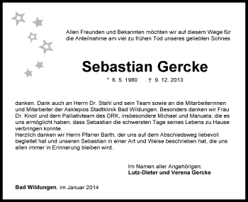 Traueranzeige von Sebastian Gercke von HNA