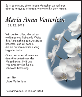 Traueranzeige von Anna Maria Vetterlein von HNA