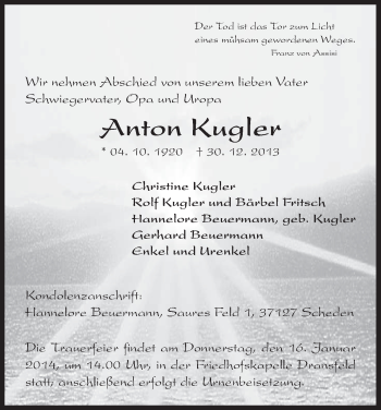 Traueranzeige von Anton Kugler von HNA