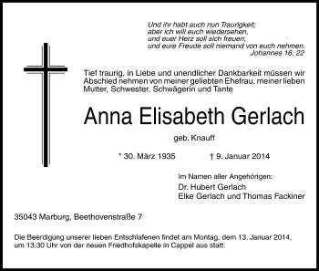 Traueranzeige von Anna Elisabeth Gerlach von HNA