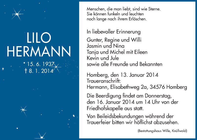  Traueranzeige für Lilo Hermann vom 13.01.2014 aus HNA