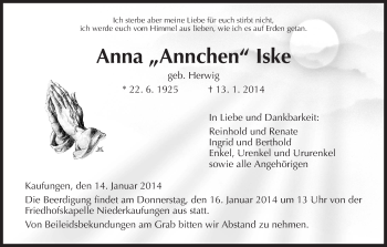 Traueranzeige von Anna Iske von HNA