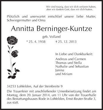 Traueranzeige von Annitta Berninger-Kuntze von HNA