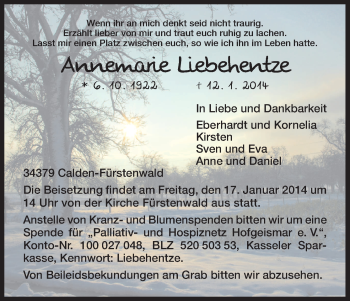 Traueranzeige von Annemarie Liebehentze von HNA