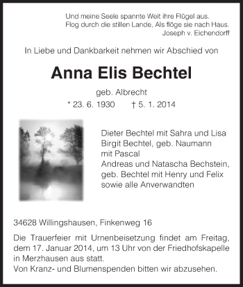 Traueranzeige von Anna Elis Bechtel von HNA