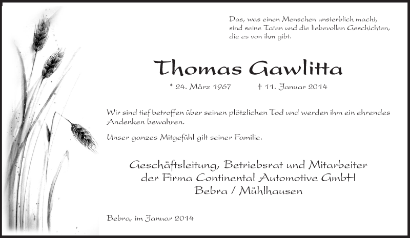  Traueranzeige für Thomas Gawlitta vom 16.01.2014 aus HNA