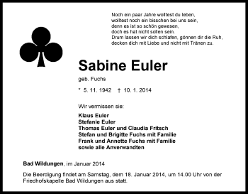 Traueranzeige von Sabine Euler von HNA