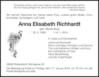 Traueranzeige von Anna Elisabeth Richhardt von HNA