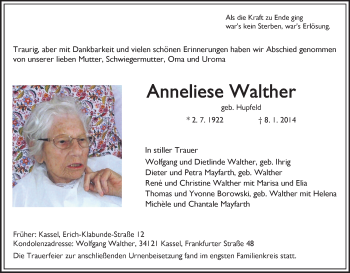 Traueranzeige von Anneliese Walther von HNA
