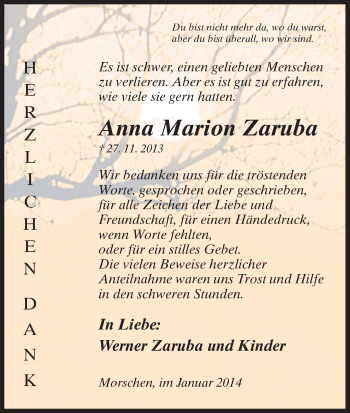 Traueranzeige von Anna Marion Zaruba von HNA