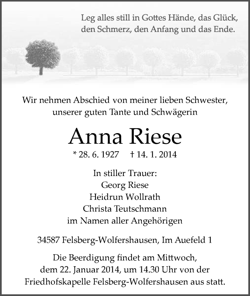 Traueranzeigen von Anna Riese | Trauer.HNA.de