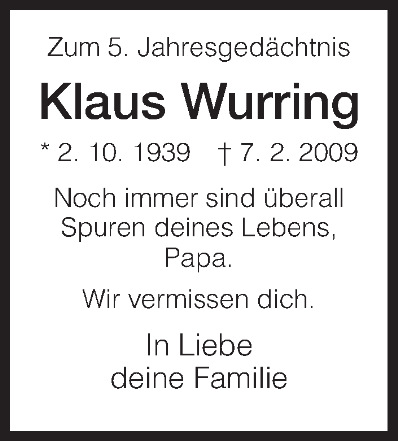  Traueranzeige für Klaus Wurring vom 07.02.2014 aus HNA