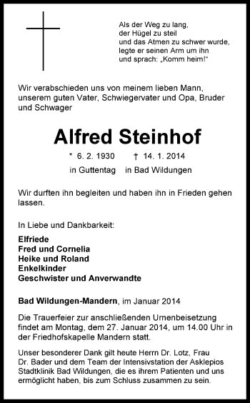Traueranzeige von Alfred Steinhof von HNA