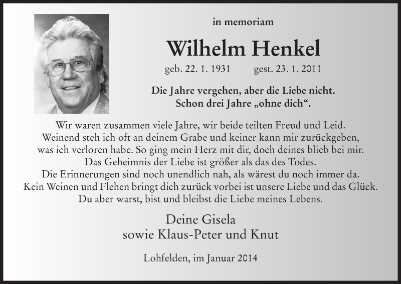  Traueranzeige für Wilhelm Henkel vom 23.01.2014 aus HNA