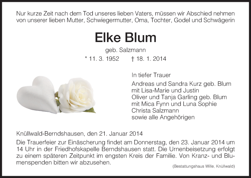  Traueranzeige für Elke Blum vom 21.01.2014 aus HNA
