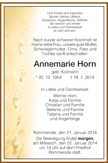 Traueranzeige von Annemarie Horn von HNA