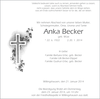 Traueranzeige von Anka Becker von HNA