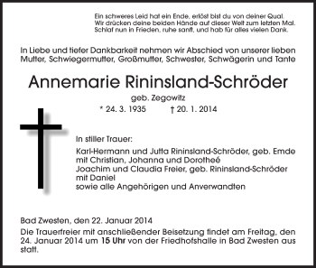 Traueranzeige von Annemarie Rininsland-Schröder von HNA