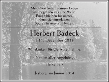 Traueranzeige von Herbert Badeck von HNA