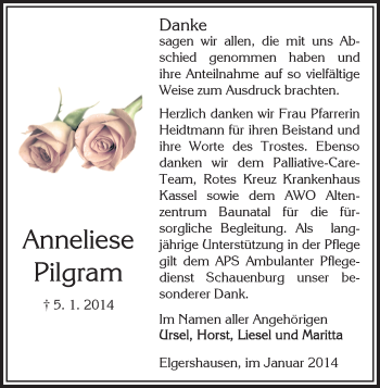Traueranzeige von Anneliese Pilgram von HNA