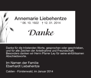 Traueranzeige von Annemarie Liebehentze von HNA