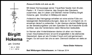 Traueranzeige von Birgitt Hokema von HNA