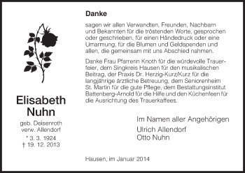 Traueranzeige von Elisabeth Nuhn von HNA