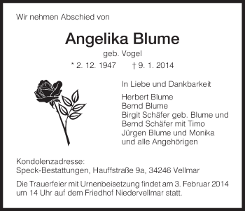 Traueranzeige von Angelika Blume von HNA