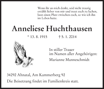 Traueranzeige von Anneliese Huchthausen von HNA