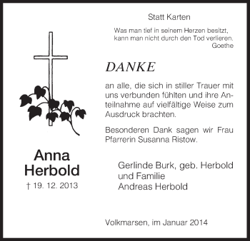 Traueranzeige von Anna Herbold von HNA
