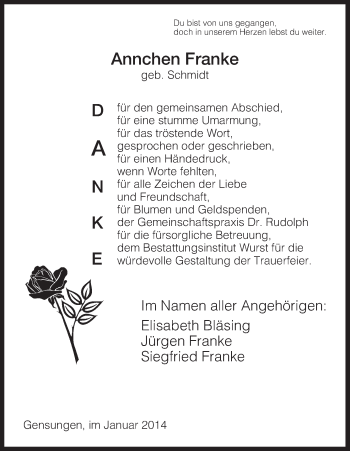 Traueranzeige von Annchen Franke von HNA